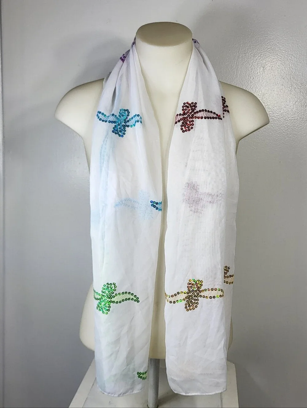 White Sheer Lightweight Scarf with Multicolor Sequin 19